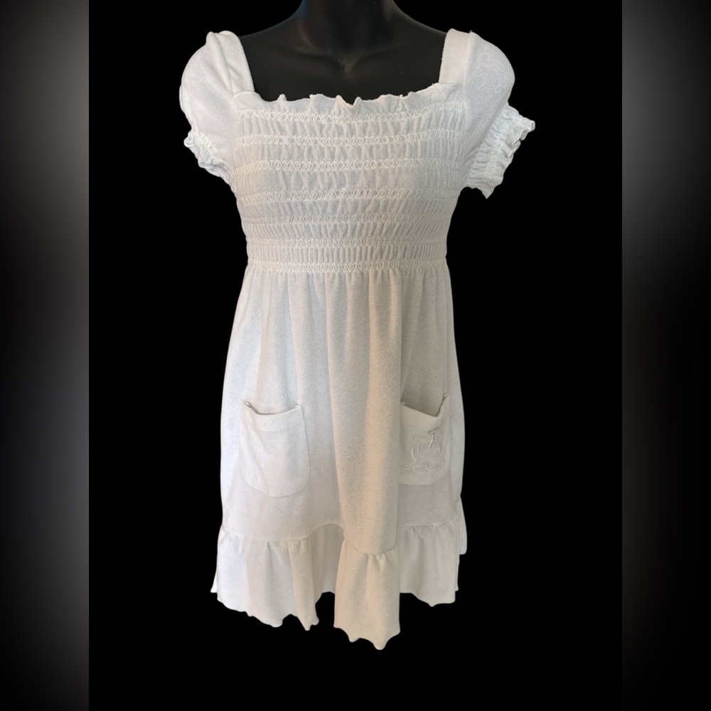 Vintage Juicy Couture L White Smocked mini terry Dress with Pockets
